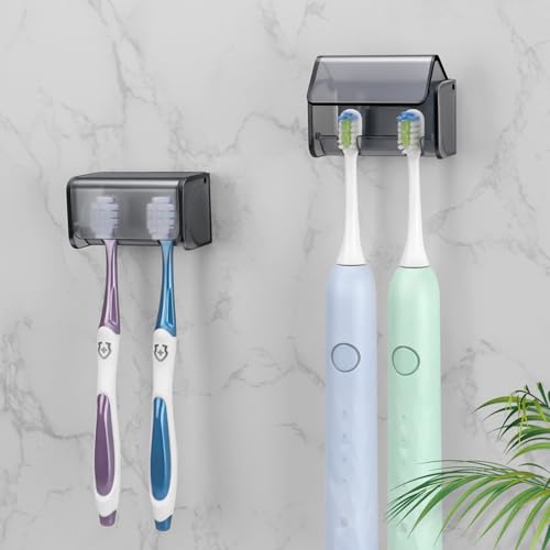 2 PCS Toothbrush Holders Wall Mounted with Cover (2, Transparent Black) | Wall mounted, Detachable, Easy to clean, Breathable, 2 Slots Self Adhesive Toothbrush Organizer for Bathroom - color: Transparent Black