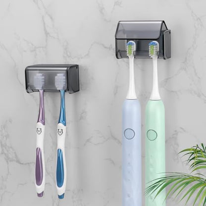 2 PCS Toothbrush Holders Wall Mounted with Cover (2, Transparent Black) | Wall mounted, Detachable, Easy to clean, Breathable, 2 Slots Self Adhesive Toothbrush Organizer for Bathroom - color: Transparent Black