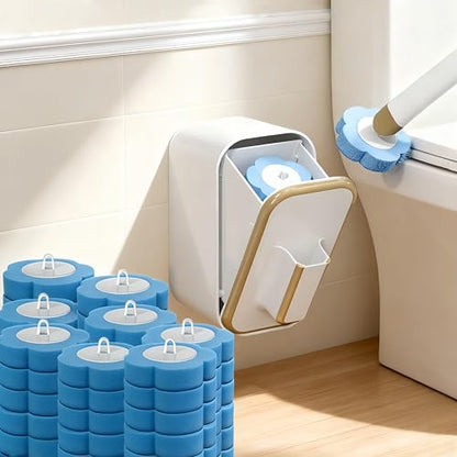 Disposable Toilet Brush and Base Set (Including 48 Replacement Heads and Base) - Wall-Mounted Design with Ergonomic Grip for Bathrooms, Toilets and RVs.