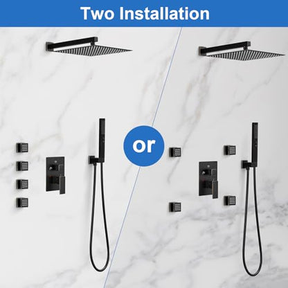 RUMOSE Rainfall Shower System with 4 Full Body Jet 4 Mode Shower Faucet Set | 12 Inch Rain Shower Head, 2 in 1 Handheld Spray, Oil Rubbed Bronze Brass Shower Jet Shower Fixtures, Wall Mounted - color: Oil Rubbed Bronze