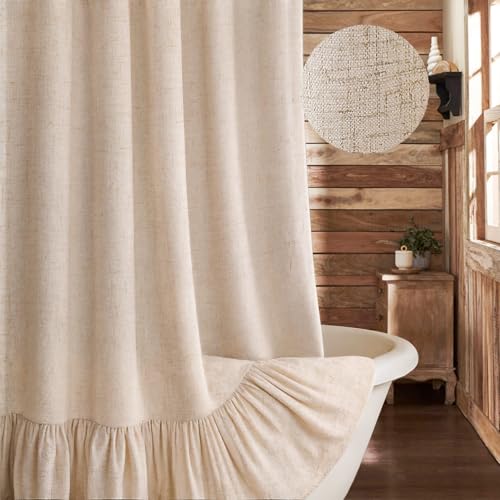 Farmhouse Shower Curtain Ruffle Linen Beige 72" W x 80" L | Linen Fabric, Farmhouse Boho, Bottom Ruffle, Rustic, Country, Natural Look, Washable, Shower Curtain for Bathroom Bathtub - color: Beige, size: 72"W x 80"L