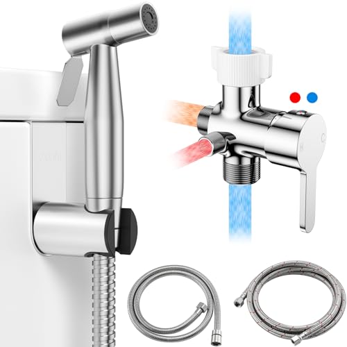 Arofa Hot and Cold Bidet Sprayer for Toilet, Warm Water Bidet Attachment | Hot & Cold Control, Adjustable Water Flow, 7/8" Brass T-valve, Fits Two-Piece Toilets, Feminine/Baby/Pet Wash, Easy Install - color: Stainless Steel(Hot&Cold), size: 1 Pack