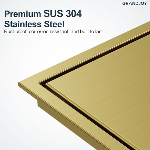 6 Inch Square Shower Floor Drain, Brushed Gold SUS304 Stainless Steel Grid Grate with X-Shaped High Flow Channel, Anti-Clogging Hair Strainer, Standard 2" Outlet | Reversible flat & tile-in cover, anti-odor auto-seal core, burr-free smooth edges for baref