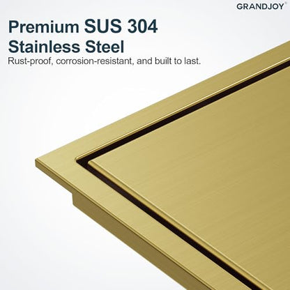 6 Inch Square Shower Floor Drain, Brushed Gold SUS304 Stainless Steel Grid Grate with X-Shaped High Flow Channel, Anti-Clogging Hair Strainer, Standard 2" Outlet | Reversible flat & tile-in cover, anti-odor auto-seal core, burr-free smooth edges for baref