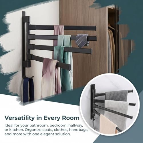 Black Aluminum Swivel Towel Bar, Wall Mounted 180 Degree Rotating Multi-Arm Towel Rack with Bottom Hook for Bathroom Kitchen(4-Arm) - size: 4-Arm