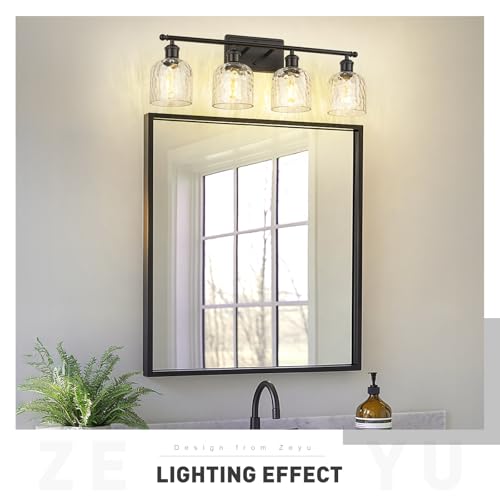zeyu 27'' Black Vanity Light for Bathroom, 4-Light Wall Mount Vanity Light Fixture, Black Finish with Clear Hammered Glass, ZJF63B-4W BK - color: Black|Hammered Glass, size: 4-Light