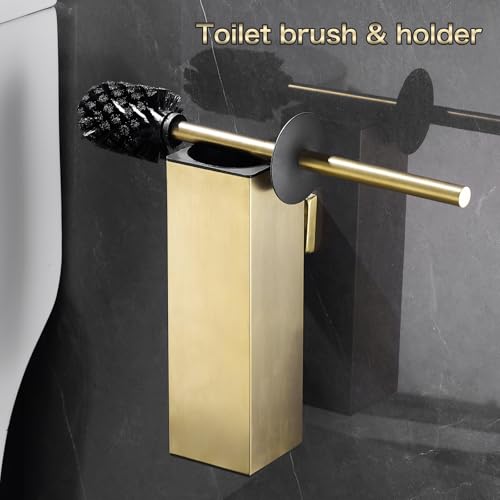 Gold Toilet Brush Set Stainless Steel Square Bathroom Cleaning Brush | AIREMOEN Square Bathroom Toilet Bowl Brush Holder, Round Cleaning Brush Head, Splash Guard - color: Brushed Gold