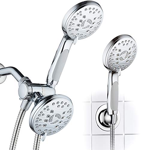 AquaSpa High Pressure 48-mode Luxury 3-way Combo – Dual Rain & Handheld Shower Head – Extra Long 6 Foot Stainless Steel Hose – Anti Slip Grip – All Chrome Finish – Extra Wall Bracket - color: All-Chrome