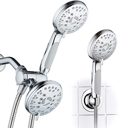 AquaSpa High Pressure 48-mode Luxury 3-way Combo – Dual Rain & Handheld Shower Head – Extra Long 6 Foot Stainless Steel Hose – Anti Slip Grip – All Chrome Finish – Extra Wall Bracket - color: All-Chrome