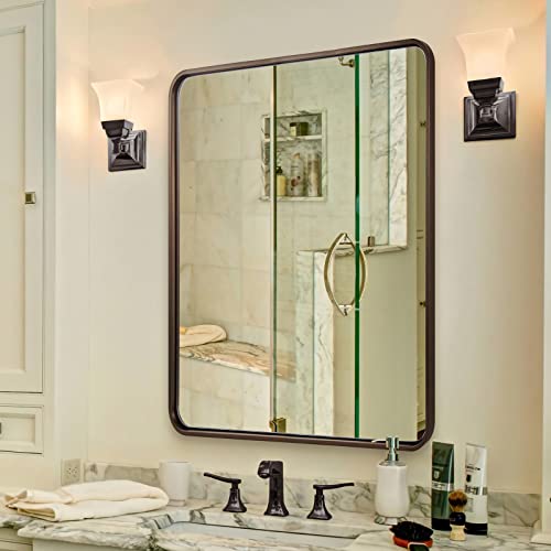 ANDY STAR 28x36 INCH Bronze Bathroom Mirror, Rounded Rectangle Oil Rubbed Bronze Mirrors for Bathroom,Tube Metal Framed, 1’’ Deep Wall Mounted Vertically/Horizontal - color: Brushed Bronze, size: 36"L x 28"W