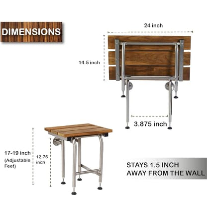 Teak Shower Bench with Legs | Folding Shower Chair for Elderly and Disabled, ADA Folding Shower Seat Wall Mounted Holds Upto 400lbs | 304 Stainless Steel Teak Shower Stool | 24" x16” - size: 24