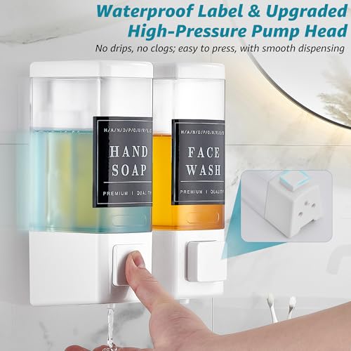 Shampoo and Conditioner Dispenser for Shower, 2 Chamber, White | Clog-Free Pump for Thick Liquids, 16.9oz Large Capacity, No Drill Wall Mounted Compact Design for Small Bathroom - color: Dm25-white