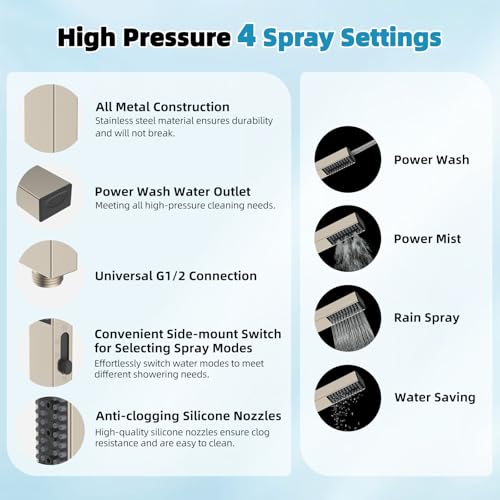 Hibbent 12'' Rainfall Showerhead with 4-mode Handheld Spray, Brushed Nickel | cUPC Certified High Pressure Showerhead Combo, 12'' Adjustable Extension Arm, Extension Bar, Easy Reach Holder, 71'' Hose - color: Brushed Nickel, style: Square 12''