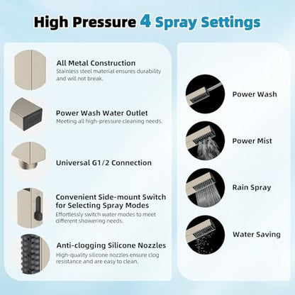 Hibbent 12'' Rainfall Showerhead with 4-mode Handheld Spray, Brushed Nickel | High Pressure Showerhead Combo, 12'' Adjustable Extension Arm, Extension Bar, Easy Reach Holder, 71'' Hose - color: Brushed Nickel, style: Square 12''