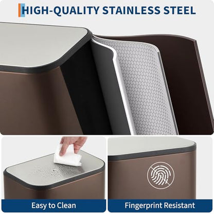 GarveeHome 3.2 Gal Stainless Steel Bathroom Trash Can with Lid, Brown | Rectangular Small Step Waste Bin, Hands-Free Foot Pedal, Removable Inner Bucket, Quiet Close, for Bedroom Restroom - color: Brown, size: 12 L