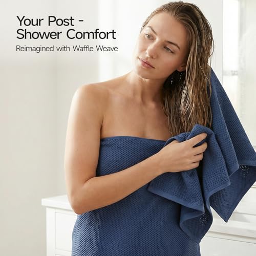 REDKISS Quick Dry Waffle Towel Set of 8, 100% Cotton,Lightweight & Highly Absorbent Waffle Towels for Bathroom, Spa, Gym, Pool-2 Bath Towels, 2 Hand Towels & 4 Washcloths,Blue - color: Blue