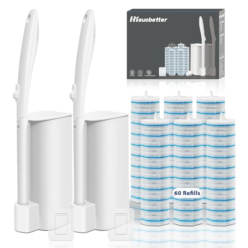 2 Pack Disposable Toilet Brush with 60 Refills, Wall Mounted Toilet Bowl Cleaner Wand Kit and Holder, Bathroom Cleaning Supplies, Toilet Scrubber Disposable Heads