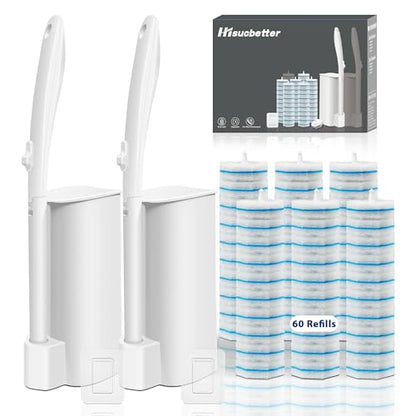 2 Pack Disposable Toilet Brush with 60 Refills, Wall Mounted Toilet Bowl Cleaner Wand Kit and Holder, Bathroom Cleaning Supplies, Toilet Scrubber Disposable Heads