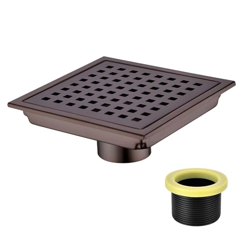 6 inch Stainless Steel Square Shower Floor Drain with Threaded Adapter, Removable Cover Grid Grate, Brushed Bronze Finished - color: Brushed Bronze