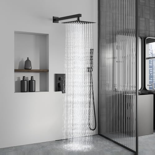 Aolemi Shower Faucet Set with Handheld Matte Black 10 Inch Head | Pressure Balance Shower Valve and Trim Kit,SUS304 Rain Head and Handle System,All Metal,Wall Mount,Bathroom,Handheld Spray - color: Black, size: 10 Inch Wall Mount Shower Head