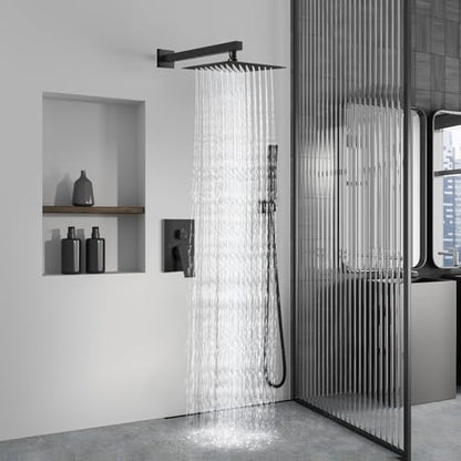 Aolemi Shower Faucet Set with Handheld Matte Black 12 Inch Head | Pressure Balance Shower Valve and Trim Kit,SUS304 Rain Head and Handle System,All Metal,Wall Mount,Bathroom,Handheld Spray - color: Black, size: 12 Inch Wall Mount Shower Head