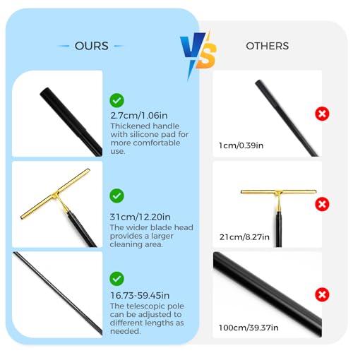 17“- 60" Extendable Long Handle 2-in-1 Window Squeegee Gold | 12.4" Wide Metal Shower Squeegee for Glass Doors, 2-in-1 Squeegee for Home Window Cleaning, Tile Wall, Car - color: Black/Gold