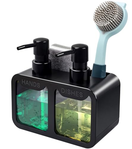 Kitchen Hand Soap and Dish Soap Dispenser Set, Dual Soap Dispenser with Sponge Caddy and Brush Holder 4-in-1 Organizer for Kitchen Sink Countertop, Useful Kitchen Gadgets - Black - color: Black