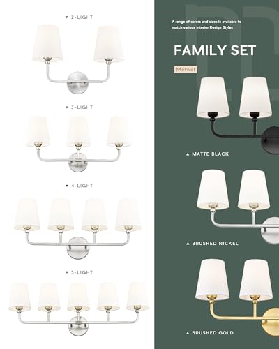 2-Light Brushed Nickel Bathroom Vanity Light, White Fabric Shades | 17" double wall sconce, upward only, E26 base, hardwired, bulbs not included, VL837-BN-2 - color: Brushed Nickel, size: 2-light