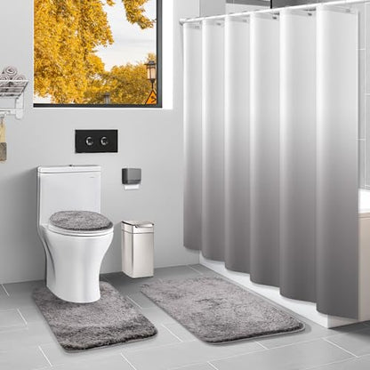 Shower Curtain Sets with Rugs and Adjustable Toilet Seat Cover | 4 Pcs Gray Bathroom Sets with Shower Curtain and Rugs and Microfiber Toilet Lid Cover - color: Grey