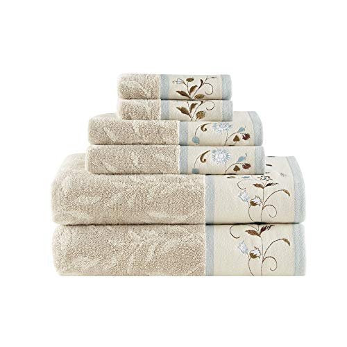 Madison Park Serene 100% Cotton Bath Towel Set Luxurious Floral Decorative Towels for Bathroom Embroidered Cotton Jacquard Design Soft Highly Absorbent for Shower 600 GSM, Multi-Sizes, Blue 6 Piece | Luxurious Floral Decorative Towels for Bathroom, Embroi
