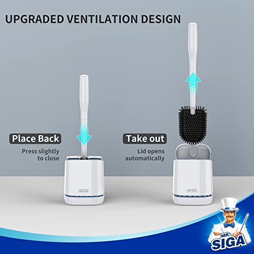 MR.SIGA Toilet Bowl Brush and Holder, Wall Mounted Toilet Brush, White | Automatic lid design, sturdy handle, upgraded ventilation, flat rubber head dries quickly - color: White, size: 4.8"L x 3.1"W x 15.7"H