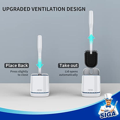 MR.SIGA Toilet Bowl Brush and Holder, Wall Mounted Toilet Brush, White | Automatic lid design, sturdy handle, upgraded ventilation, flat rubber head dries quickly - color: White, size: 4.8"L x 3.1"W x 15.7"H