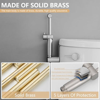 Brushed Nickel Handheld Bidet Sprayer Brass Bathroom Toilet Sprayer Bidet | Handheld Bidet Sprayer Attachment Set for Toilet Baby Cloth Diaper Spraying Kit for Pet Bathing and Feminine Care BATHLAVISH - color: Brushed Gold