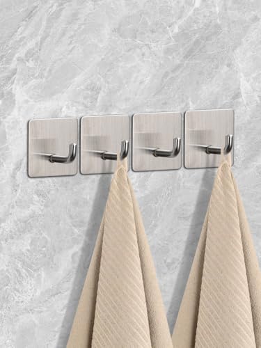 4 Pcs Stainless Steel Adhesive Hooks, Heavy Duty Waterproof Wall Hooks for Hanging Hat,Towel Robe Hook Rack WallMount- Bathroom and Bedroom (Square Silver) - color: Silver, size: Square