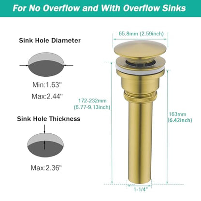Bathroom Sink Drain With Overflow and Without Overflow Vessel Sink Lavatory Vanity Dual Use Pop Up Drain Stopper,All Metal Rustproof Brass and 304 Stainless Steel,Brushed Dark Gold - color: Brushed Dark Gold