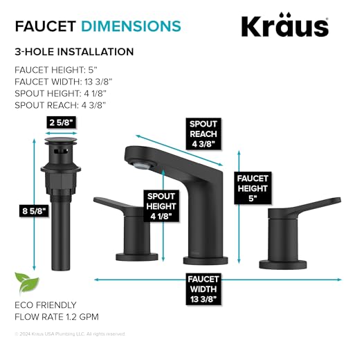KRAUS Indy Widespread Bathroom Faucet in Matte Black with 2 Handles, Pop Up Drain and Supply Lines, FUS-14103MB - color: Matte Black, style: Widespread