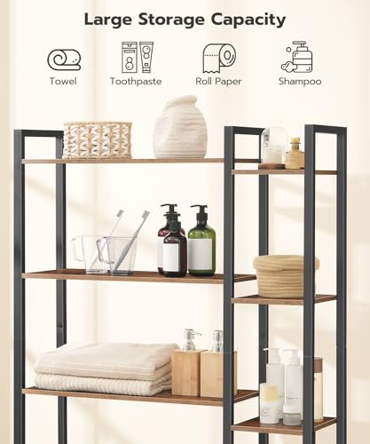 HOOBRO Over The Toilet Storage, 8-Tier Bathroom Organizer Over Toilet Shelf, Storage Rack Above Toilet Stand, Freestanding Space Saver, Toilet Paper Holder, Rustic Brown and Black BF86TS01