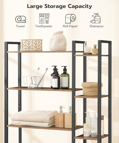 HOOBRO Over The Toilet Storage, 8-Tier Bathroom Organizer Over Toilet Shelf, Storage Rack Above Toilet Stand, Freestanding Space Saver, Toilet Paper Holder, Rustic Brown and Black BF86TS01