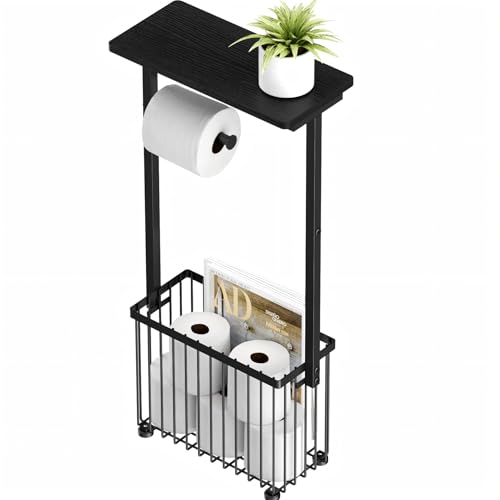 Free Standing Toilet Paper Holder with Storage Shelf – Bathroom Tissue Stand with Space for Phone, Wet Wipes and Magazines – All-in-One Toilet Roll Dispenser and Organizer Holds 4-6 Rolls - size: 28.5" H x 6.3" W x 13.4" D