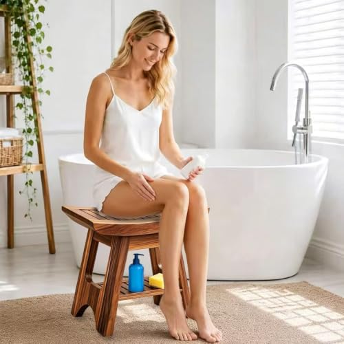 16" Compact Teak Shower Bench Teak Shower Stool Seat Chair with Storage Shelf