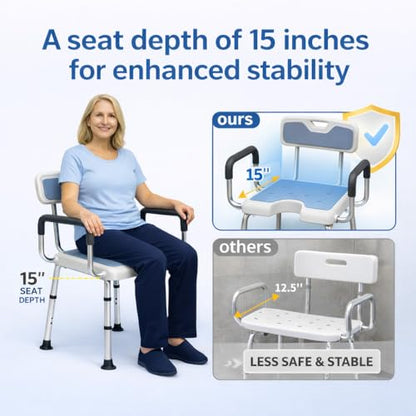 4-in-1 Shower Chair for Inside Shower with Arms and Back, HSA/FSA Eligible, 400lbs Capacity Height Adjustable U-Shaped Seat for Seniors Elderly Easy Bathing Tool-Free Assembly