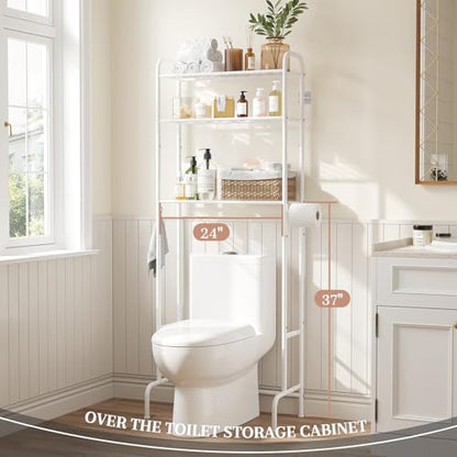 STDDRE 3-Tier Over The Toilet Storage Space Saver with Paper Holder Freestanding Rack Metal Bathroom Shelves with Hooks Above The Toilet Storage Shelf (White, 3 Tier) - color: White