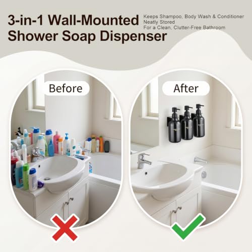 Shower Dispenser Wall Mounted Set of 3, Transparent Black | 16.9 oz Refillable Bottles, Black Pumps, No-Drill Installation, 27 Labels, For Bathrooms, Hotels and Airbnbs - color: Transparent Black Bottle + Black Pump