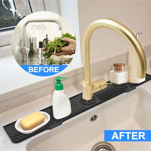 33 Inch sink splash guard Silicone Splash Guard Mat for Faucet, Narrow Edge Water Barrier for Kitchen Sink And Bathroom Washbasin (Black) (Black)