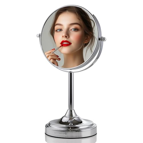 OVENTE 7" Tabletop Magnifying Makeup Mirror, Polished Chrome MNLCT70CH1X7X | Double Sided Vanity Standing Mount Mirror with 1X/7X Magnification, 360° Rotation, Perfect for Dresser Bedroom Office Desk - color: Polished Chrome, size: 13.3"L x 6.5"W, style: