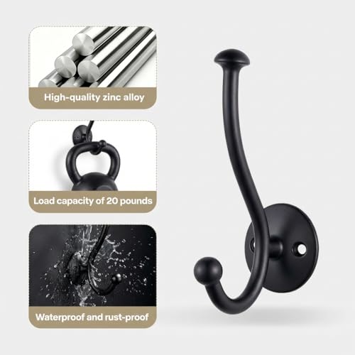 4-Pack Heavy Duty Wall Hooks, Matte Black Double Coat Hooks Wall Mounted, Rustproof Metal Towel & Robe Hook Hardware with Screws for Bathroom, Entryway, Hanging Coats, Hats, Bags, Keys - color: 4 pack-Black