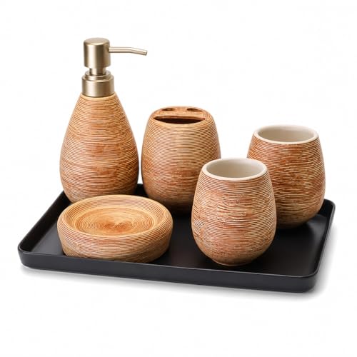Bathroom Ceramic Accessories Set, 6 Piece Bathroom Set with Including Soap Dispenser Mouthwash Cup Soap Dish Toothbrush Holder Tray (Brown) - color: Brown