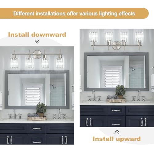 Brushed Nickel Bathroom Light Fixtures, Square, 4-Light | Vanity Lights with Crystal Shades, Modern Bathroom Lighting Fixtures over Mirror (Bulbs Not Included, E26) - color: Brushed Nickel (Square), size: 4-Light