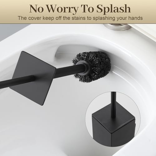 Toilet Brush and Holder Wall Mounted, Black Aluminum with 2 Replaceable Heads, Bathroom Toilet Brush, Drill or 3M Adhesive Mount, Removable Liner and Splash Guard, Modern Square Design - color: Black-wall Mounted
