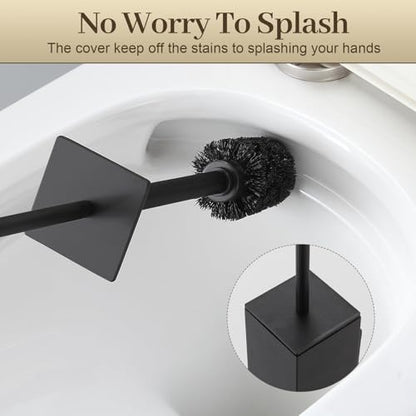 Toilet Brush and Holder Wall Mounted, Black Aluminum with 2 Replaceable Heads, Bathroom Toilet Brush, Drill or 3M Adhesive Mount, Removable Liner and Splash Guard, Modern Square Design - color: Black-wall Mounted
